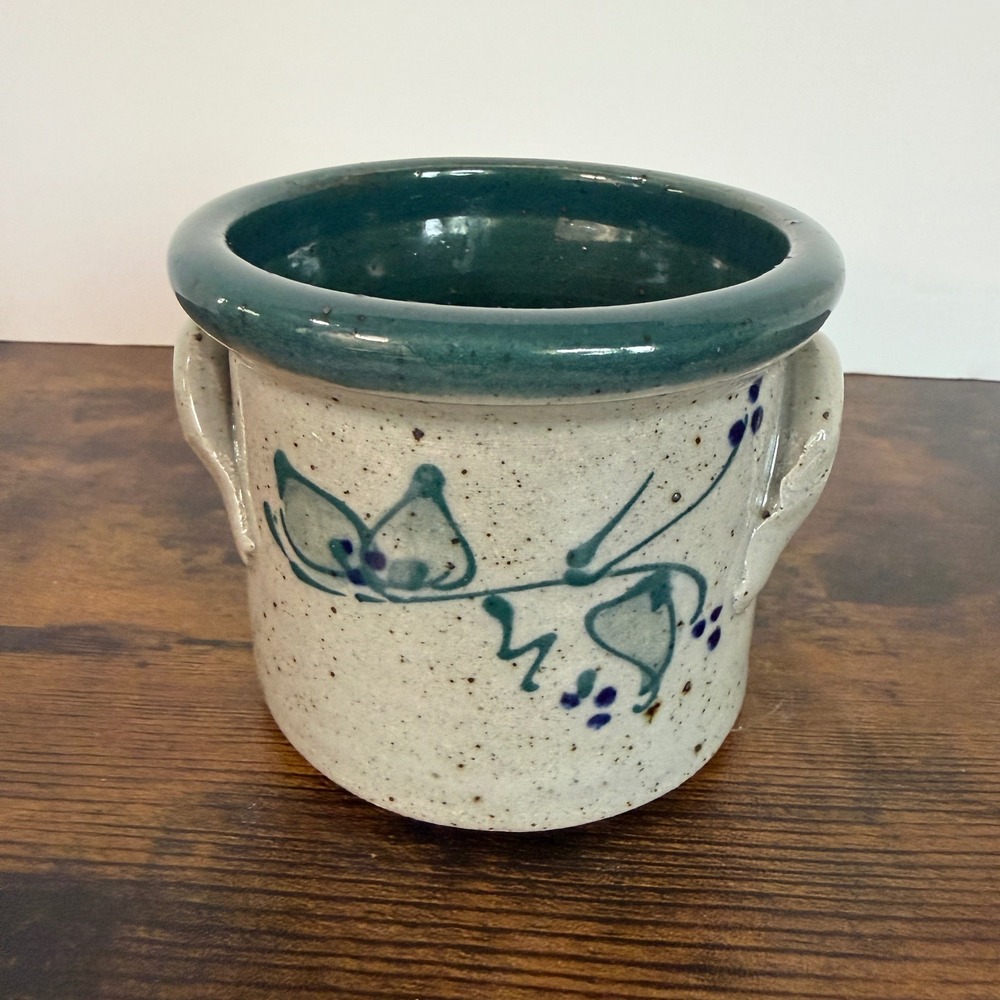 Great Bay Pottery Rye NH Stoneware Crock Blue Floral Teal Cottage Utensil Holder